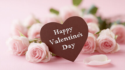 Happy valentines day text sign. Happy valentine day card concept. stylish red present and heart on white rustic wooden background. greeting pink roses on pastel pink background