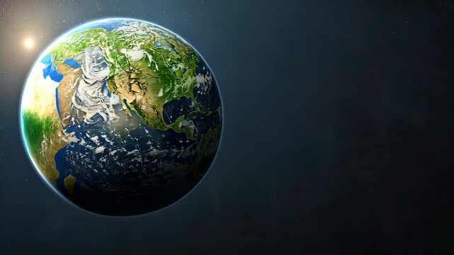 Shows Earth rotating in space with views of various continents and oceans during different times of day