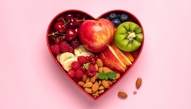 Healthy Valentine snack box, fruits and nuts arranged in heart shape