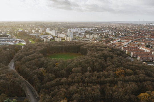 Aerial view of a dense forest with a small open green space, surrounded by urban development, contrasting with the muted tones of the city under a cloudy sky, Malmo, Scania county, Sweden.