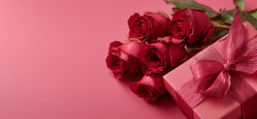Bouquet of red roses and pink gift box on pink background. Valentine's day, banner format. Place for text. Happy Valentines Day concept. Copy space
