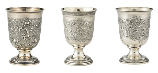 Engraved silver cups with detail, transparent background  
