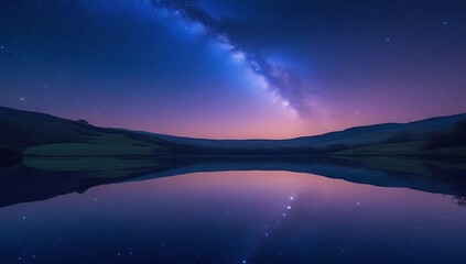 Serene night landscape with stars and Milky Way over calm lake