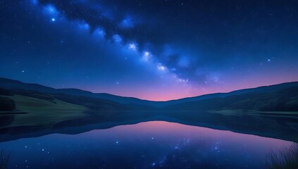 Serene starry night over calm lake with majestic mountains