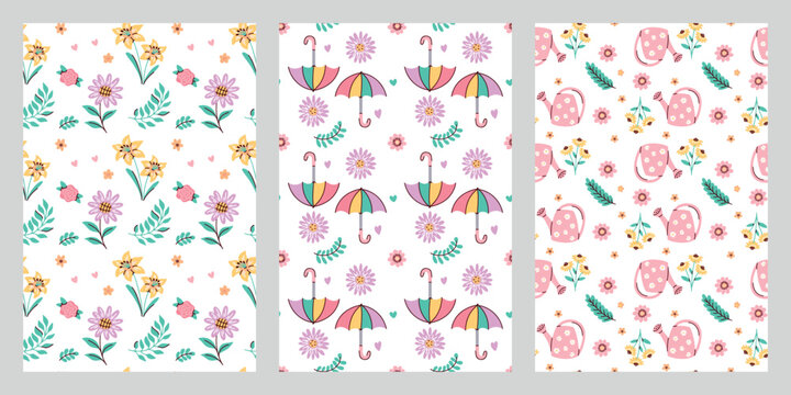 Vibrant floral textures featuring rainbow umbrellas watering cans and blooming lilies. Vertical repeating backgrounds for seasonal gardening projects or feminine textile designs.