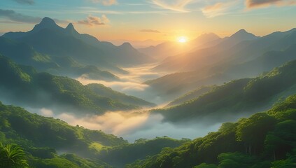 Serene mountain landscape with sunrise over misty green valleys