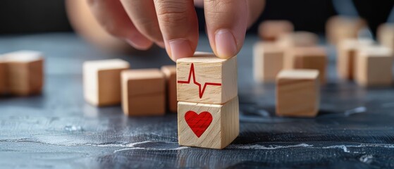 Employee wellbeing and satisfaction concept with wooden blocks showing a heart and pulse symbol, representing workplace health, engagement, motivation, and positive corporate culture.