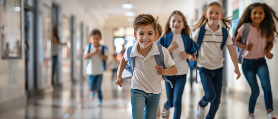 Happy school children running through a bright corridor with backpacks. Education lifestyle, friendship, energy and positive emotions during a joyful school day indoors.