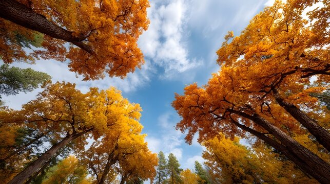 Vibrant autumn trees with golden and orange foliage reaching towards a blue sky with white clouds viewed from below - Powered by Adobe