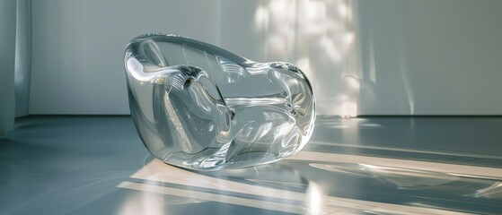 Transparent sculptural acrylic chair with smooth fluid curves in a bright minimalist interior, reflecting light and creating elegant highlights on the glossy floor surface.