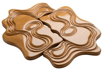 Set of carved wooden puzzle coasters with wavy design on a transparent background