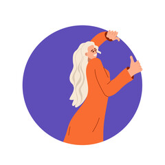 A young woman peeks out from a round hole and looks back, observing. Hand-drawn vector illustration.