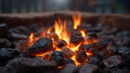 Close up view of glowing embers and vibrant flames flickering intensely on hot coals