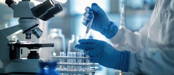 Close-up of scientist in protective gloves working with test tubes in modern laboratory, medical and scientific research environment with microscope and sterile equipment.