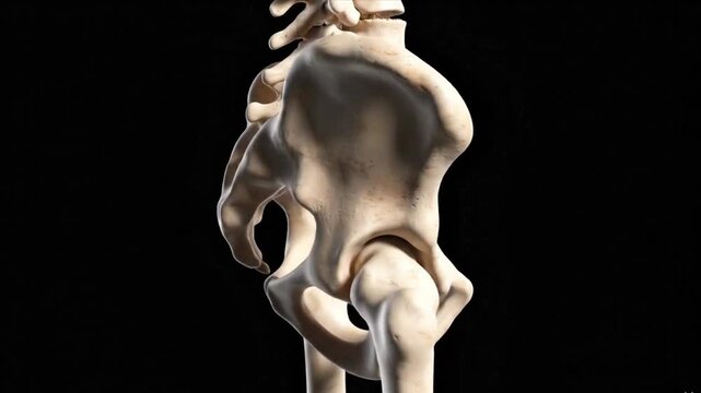 A detailed video of a human pelvis and lower spine anatomy model on a black background