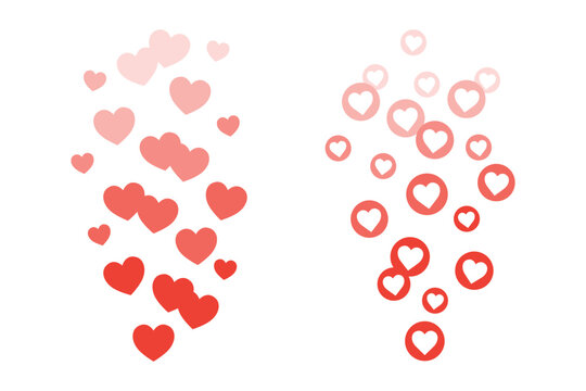 Set of simple, flat design icons featuring streams of red hearts floating upwards