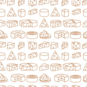 Seamless pattern of cheese line icons featuring Swiss cheese wedges rounds slices and blocks for dairy food backgrounds.