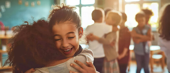 Group of joyful children hugging their teacher in a warm sunlit classroom, showing love, support, connection and positive emotions in an educational environment with natural light.