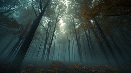 Mysterious foggy forest with tall trees and autumn leaves