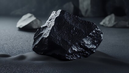 Large black rock on dark sand with gray stones nearby