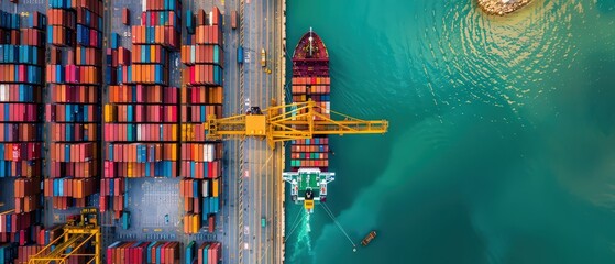 Aerial top view of container ship docked at cargo port with cranes loading colorful containers. Concept of global trade, shipping logistics, maritime transport and supply chain operations.