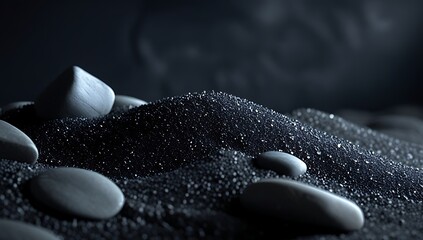 Serene black sand with smooth stones for relaxation and calmness