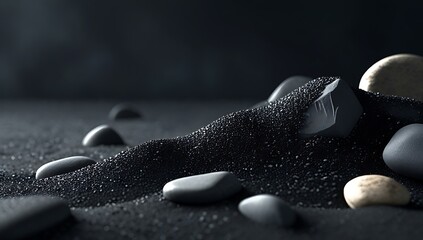 Smooth stones on black sand creating serene natural landscape