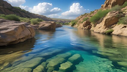 Serene river flowing through rocky canyon landscape with clear water