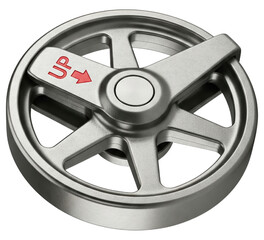 Obraz premium Silver metal adjustment handwheel with red directional arrow on a transparent background