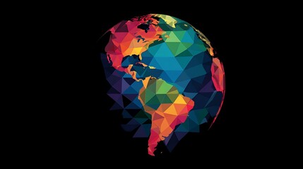 Colorful low-poly digital graphic of Earth against black background. Vivid polygon design