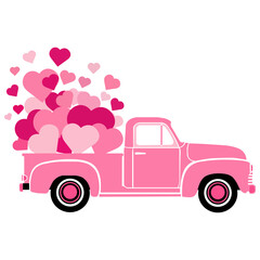 A pink vintage pickup truck filled with a colorful assortment of pink and red hearts in various sizes and shades, creating a festive and playful scene for Valentine's Day, in a flat graphic style