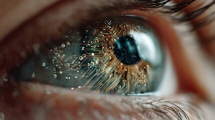Close-up of a human eye overlaid with digital circuit patterns, hinting at technology's impact