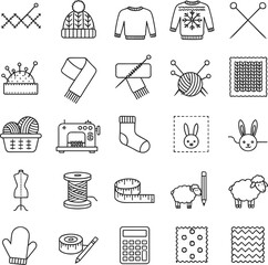 Knitting and sewing line icons featuring woolen sweaters beanies yarn balls knitting needles sewing machines and sheep symbols.