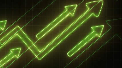 Corporate Data Visualization with Animated Neon Light Bar Charts, Red Neon Arrows on Dark Grid Background - Powered by Adobe