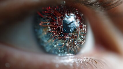 Close-up of a human eye with a circuit board reflected in the iris, hinting at AI