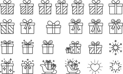 Gift box line icons set featuring festive surprise presents wrapped packages Christmas sleighs sparking hearts and celebration symbols.