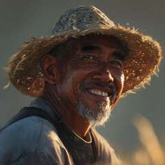 Filipino Farmer Smiling While Working in the Morning Field