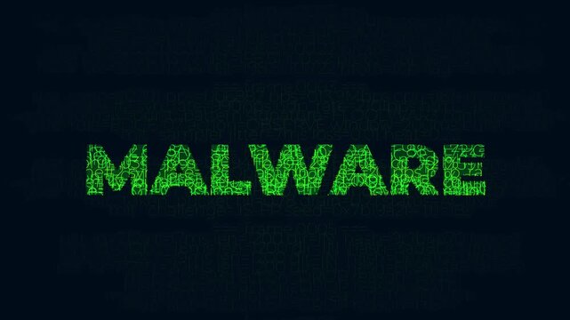 Malware cyber security threat text animation made of digital code symbols