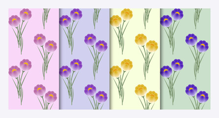 A set of 4 seamless patterns with turquoise, yellow, blue, and lilac crocuses