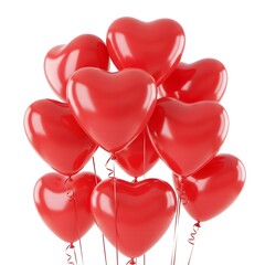 Bundle of red heart balloons isolated on white background