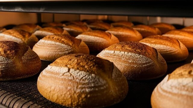 Warm loaves of bread are baked in the oven, creating a cozy atmosphere in the bakery for morning customers