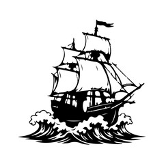 Vintage sailing ship on ocean waves silhouette, antique tall ship vector illustration, nautical maritime vessel mascot, black and white pirate galeon emblem isolated on white background