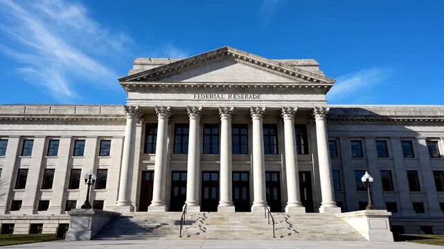 Federal Reserve building with grand columns under blue sky