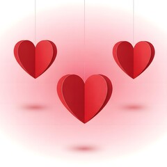 Three red hearts floating in pink background isolated on white background