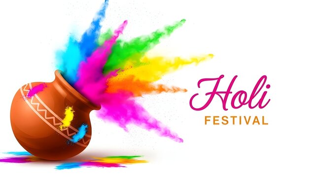 Vibrant holi festival colors exploding from traditional clay pot