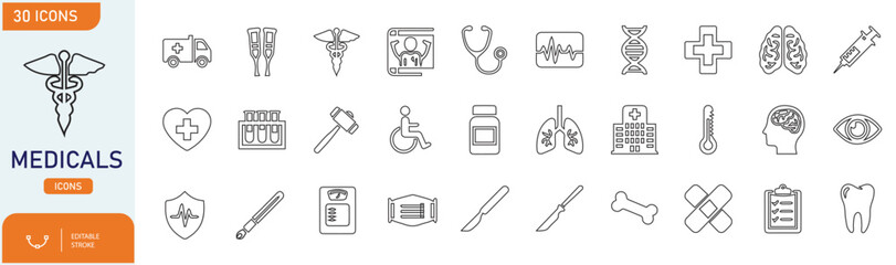 Medical Icons Vector Set of 30 Healthcare Symbols Including Hospital, Doctor, Medicine, Ambulance, DNA, Heart, Lungs, Brain, Injection and Medical Equipment for UI, App, Web and Infographic Design
