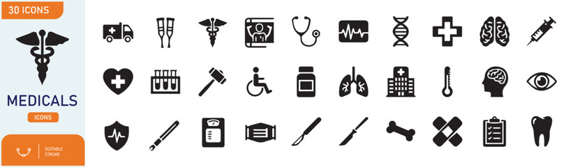 Medical Icons Vector Set of 30 Healthcare Symbols Including Hospital, Doctor, Medicine, Ambulance, DNA, Heart, Lungs, Brain, Injection and Medical Equipment for UI, App, Web and Infographic Design
