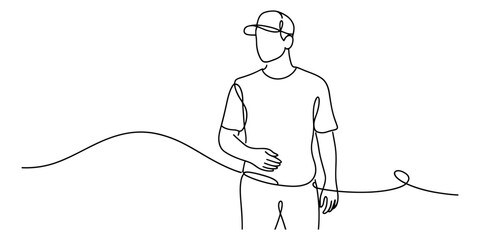 A continuous line art drawing of a man wearing a cap and t-shirt standing casually Vector, illustration