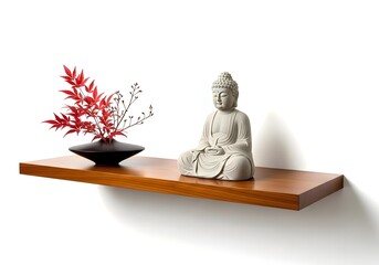 Buddha statue and red plant on wooden shelf isolated on white background