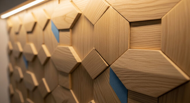 Close-up of geometric wooden panel with light-brown texture and some blue shapes, creating abstract design, representing decoration or modern style - Powered by Adobe